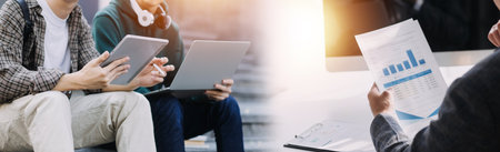 Financial analysts analyze business financial reports on a digital tablet planning investment...