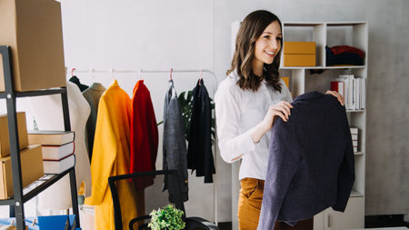Fashion blogger concept, Young women selling clothes on video streaming.Startup small business SME,...