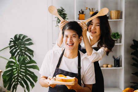 Image of newlywed couple cooking at home. Asia young couple cooking together with Bread and fruit in...