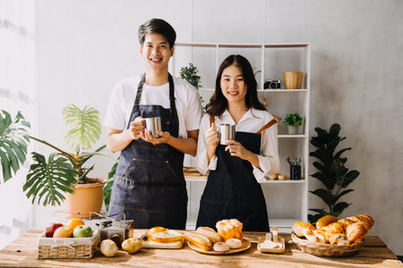 Image of newlywed couple cooking at home. Asia young couple cooking together with Bread and fruit in...