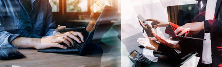 Financial analysts analyze business financial reports on a digital tablet planning investment project during a discussion at a meeting of corporate showing the results of their successful teamwork.の写真素材