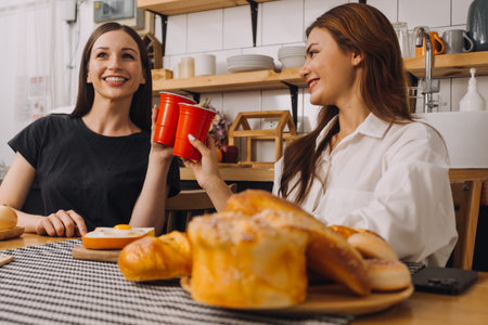 Young woman eating pizza and laughing while sitting with her friends in a restaurant. Group of friends enjoying while having food and drinks at cafe.の写真素材