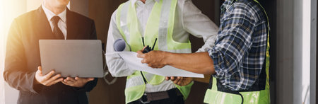 Architect concept, Architects working with blueprints in the office, Vintage Effectの写真素材