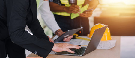 Architect concept, Architects working with blueprints in the office, Vintage Effectの写真素材