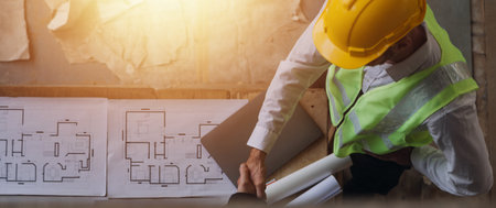 Architect concept, Architects working with blueprints in the office, Vintage Effectの写真素材