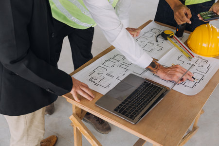 Architect concept, Architects working with blueprints in the office, Vintage Effectの写真素材