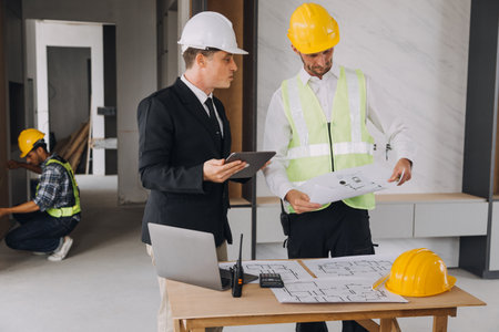 Architect concept, Architects working with blueprints in the office, Vintage Effectの写真素材
