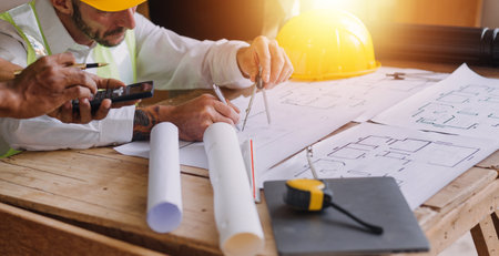 Architect concept, Architects working with blueprints in the office, Vintage Effectの写真素材