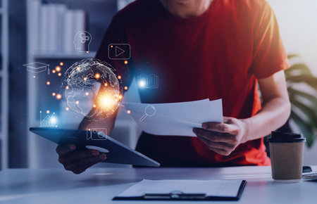 man wearing VR glasses and accessing the Technology Internet, multimedia, Storage Network connection...