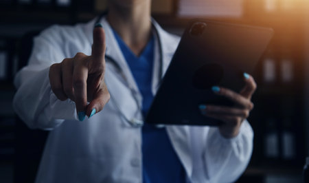 Medicine doctor working with digital medical interface icons on the hospital background, healthcare and Medical technology and network concept.の写真素材