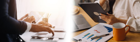 Team Of Business working at office with documents on his desk, doing planning analyzing the financial report, business plan investment, finance analysis conceptの写真素材