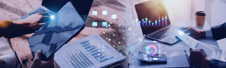 Analyst working with Business Analytics and Data Management System on computer, make a report with KPI and metrics connected to database. Corporate strategy for finance, operations, sales, marketing.の写真素材