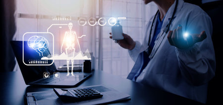Medicine doctor working with digital medical interface icons on the hospital background, healthcare...