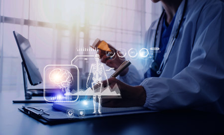 Medicine doctor working with digital medical interface icons on the hospital background, healthcare and Medical technology and network concept.の写真素材