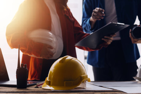 Architect concept, Architects working with blueprints in the office, Vintage Effectの写真素材