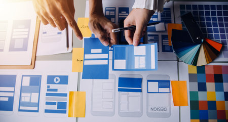 Close up ux developer and ui designer brainstorming about mobile app interface wireframe design on...