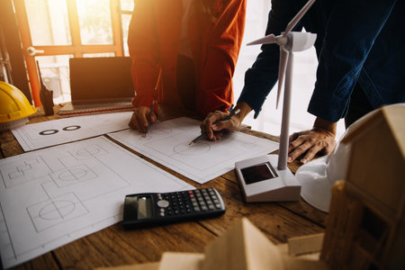 Two business man construction site engineer. Engineering objects on workplace with partners interacting on backgroundの写真素材