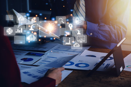 Digital transformation technology strategy, digitization and digitalization of business processes and data, optimize and automate operations, customer service management, internet and cloud computingの写真素材