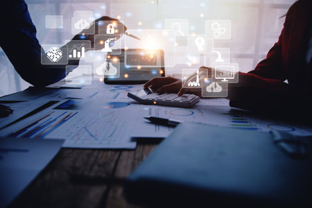 Digital transformation technology strategy, digitization and digitalization of business processes and data, optimize and automate operations, customer service management, internet and cloud computingの写真素材