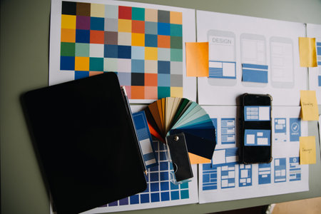 Close up ux developer and ui designer use augmented reality brainstorming about mobile app interface wireframe design on desk at modern office.Creative digital development agencyの写真素材