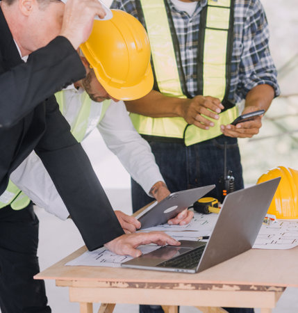 Diverse Team of Specialists Use Tablet Computer on Construction Site. Real Estate Building Project with Civil Engineer, Architect, Business Investor and General Worker Discussing Plan Details.の写真素材