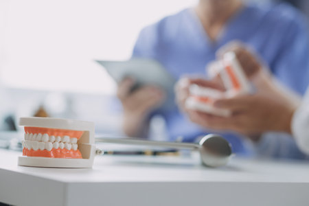 Male dentist with plastic jaw model on light backgroundの写真素材