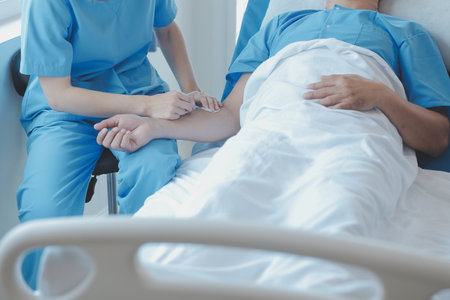 Women Asian doctors hold the patient hand and encourage and provide medical advice While checking the patient health in bed. Concept of Care and compassion, antenatal care, Threatened abortionの写真素材