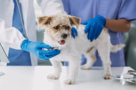 Vet examining dog and cat. Puppy and kitten at veterinarian doctor. Animal clinic. Pet check up and vaccination. Health care.の写真素材