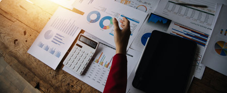 Businesswoman or accountant working Financial investment on calculator, calculate, analyze business...