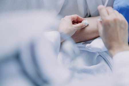 Side view of diverse doctors examining Asian female patient in bed in ward at hospital.