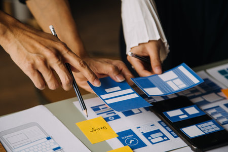 Close up ux developer and ui designer brainstorming about mobile app interface wireframe design on...