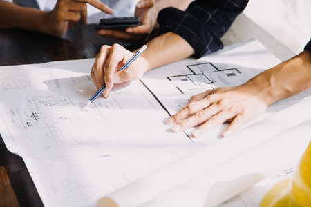 Architect concept, Architects working with blueprints in the office, Vintage Effectの写真素材
