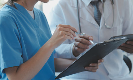 Injured patient showing doctor broken wrist and arm with bandage in hospital office or emergency room. Sprain, stress fracture or repetitive strain injury in hand. Nurse helping customer. First aid.の写真素材