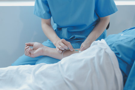 Injured patient showing doctor broken wrist and arm with bandage in hospital office or emergency room. Sprain, stress fracture or repetitive strain injury in hand. Nurse helping customer. First aid.の写真素材