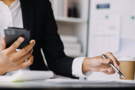 Businesswoman or accountant working Financial investment on calculator, calculate, analyze business...