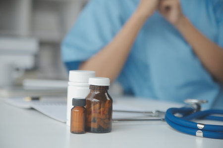 Healthcare and medical concept. Medicine doctor with stethoscope in hand and Patients come to the hospital background.の写真素材