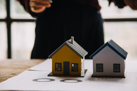 Architectural Office desk background construction project ideas concept, With drawing equipment with mining lightの写真素材