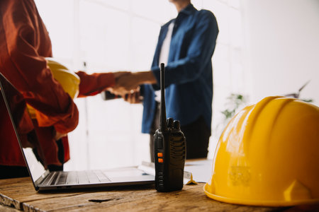 Architectural Office desk background construction project ideas concept, With drawing equipment with mining lightの写真素材