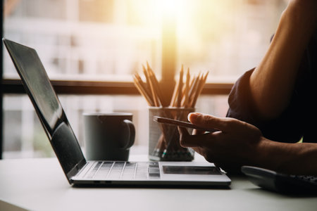 Financial Business team present. Business man hands hold documents with financial statistic stock photo, discussion, and analysis report data the charts and graphs. Finance Financial conceptの写真素材