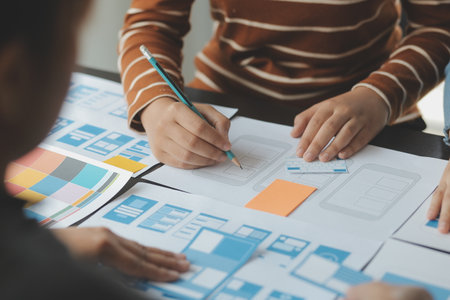 ux Graphic designer creative sketch planning application process development prototype wireframe for web mobile phone . User experience concept.の写真素材