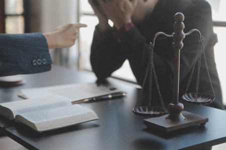 Business and lawyers discussing contract papers with brass scale on desk in office. Law, legal services, advice, justice and law concept picture with film grain effectの写真素材
