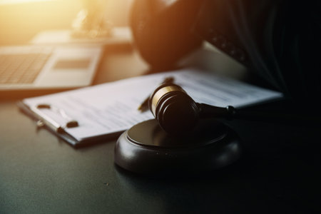 Business and lawyers discussing contract papers with brass scale on desk in office. Law, legal services, advice, justice and law concept picture with film grain effectの写真素材