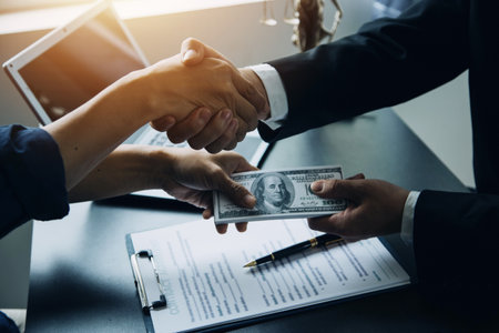 Business and lawyers discussing contract papers with brass scale on desk in office. Law, legal services, advice, justice and law concept picture with film grain effectの写真素材