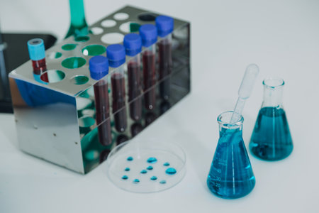 medical or scientific researcher researching and experimenting Multi-colored solution, vial and microscope In the laboratory or in the laboratory by wearing blue gloves and white clothing completely.の写真素材