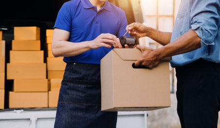 Business woman start up small business entrepreneur SME success .freelance woman working at home with Online Parcel delivery. SME and packaging deliveryconceptの写真素材