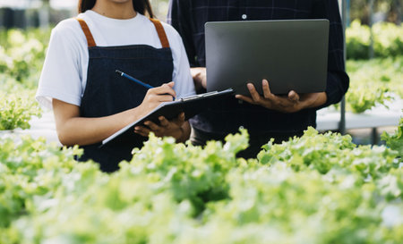 Farmer man and woman using laptop examing quality at vegetable hydroponic at greenhouse. Concept of vegetables health food. Smart farm using technology growing business hydro produce.の写真素材