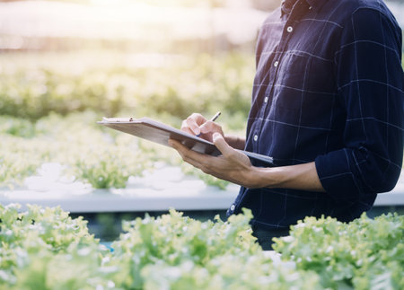 Farmer man and woman using laptop examing quality at vegetable hydroponic at greenhouse. Concept of vegetables health food. Smart farm using technology growing business hydro produce.の写真素材