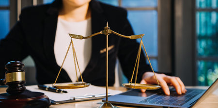 Justice and law concept.Male judge in a courtroom with the gavel, working with, computer and docking...