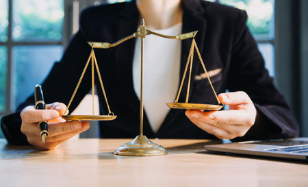Justice and law concept.Male judge in a courtroom with the gavel, working with, computer and docking keyboard, eyeglasses, on table in morning lightの写真素材