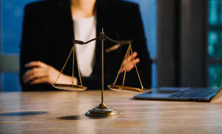 Justice and law concept.Male judge in a courtroom with the gavel, working with, computer and docking...